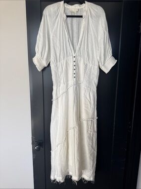 Anthropology White linensummer fitted & flowy Midi Dress with Button front low v